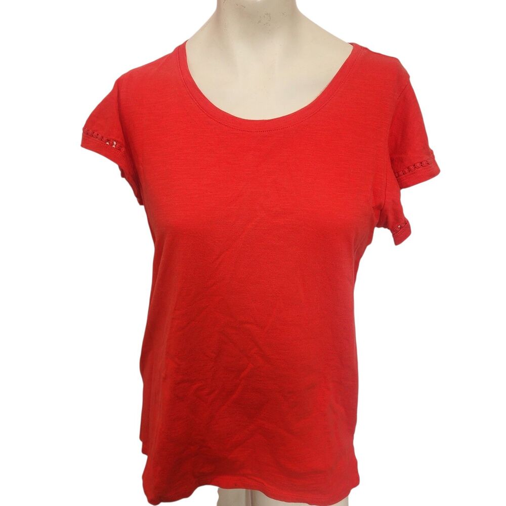 St Johns Bay Red Cotton Tee Womens M Short Sleeve Eyelet Trim Casual Top